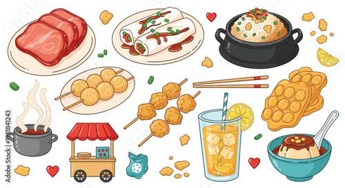 A collection of popular Hong Kong street food and traditional dishes, including rice noodle rolls, fish balls, claypot rice, egg waffles, and iced lemon tea.
