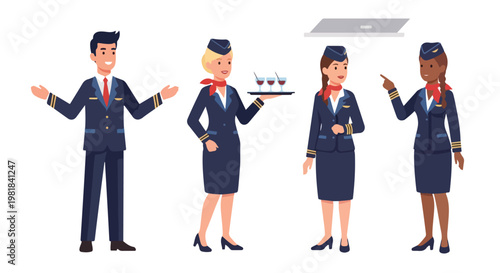 Set of 4 Airline Crew Members Vector Illustration