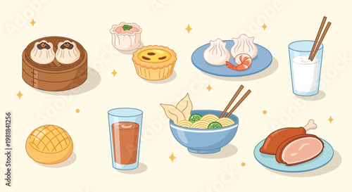 A delightful collection of cartoon illustrations featuring various Hong Kong dim sum, traditional dishes, and popular beverages like milk tea and milk.