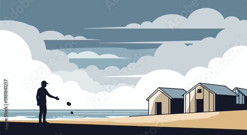 Silhouette of person tossing stones into ocean near beach cabins under cloudy sky