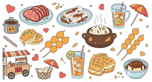 A vibrant collection of Hong Kong street food and drinks, featuring roasted meat, rice rolls, fish balls, egg waffles, milk tea, and a traditional food cart.