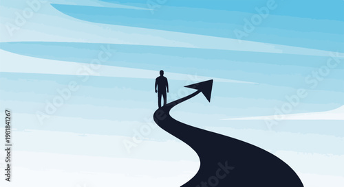 Silhouette of person on upward path with arrow against blue sky