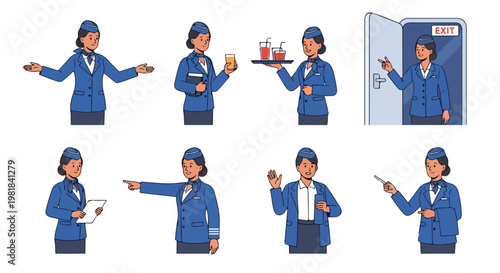 Set of 8 Female Flight Attendant Character Vector Illustrations