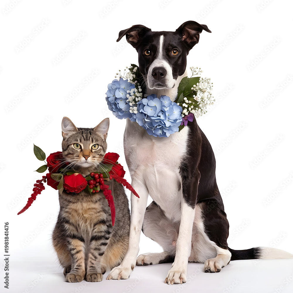 Fototapeta premium Adorable cat and dog looking at camera wearing beautiful blue and red flower necklaces on a simple white studio background.
