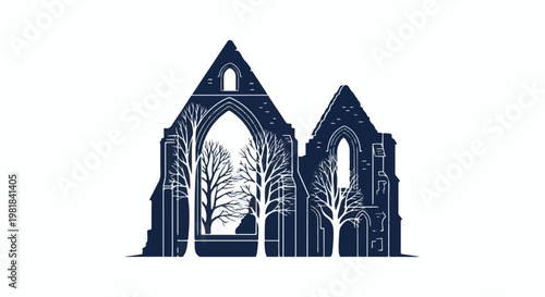 Silhouette of Gothic abbey ruins with bare trees silhouetted within arches