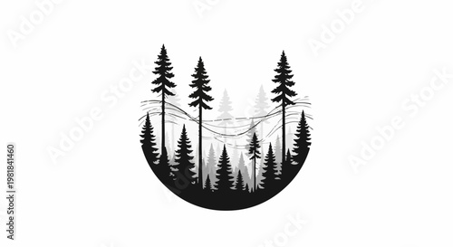 Silhouette of evergreen trees in grayscale within a dark, rounded frame