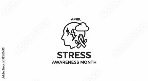 Silhouette of head with storm cloud, lightning, ribbon for stress awareness month