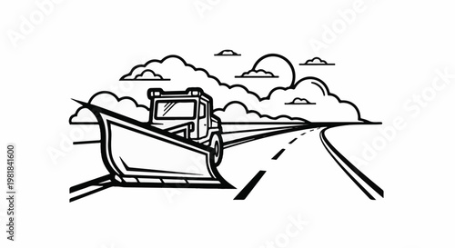 Snowplow clearing a road with clouds overhead