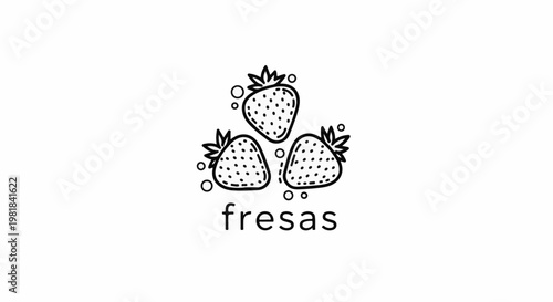 Simple black and white illustration of three strawberries with seeds and leaves