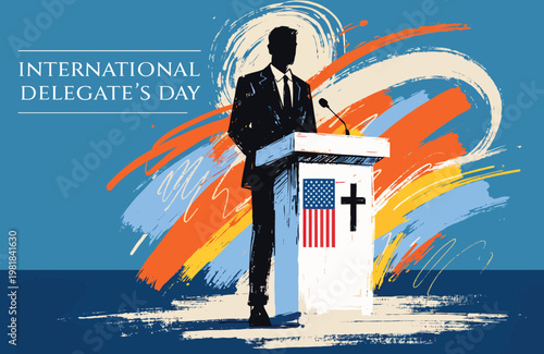 International Delegate Delivering Speech at Podium With Audience at Political Conference