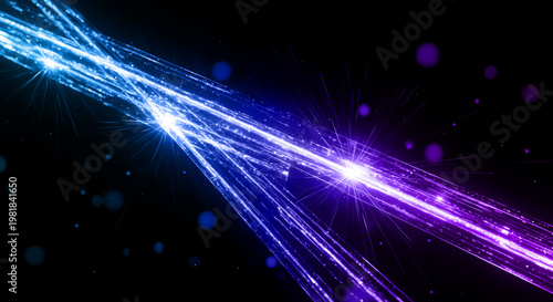未来的なデジタル空間を走る青と紫の光のライン 高速通信とAIイメージの抽象背景