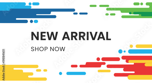 New Arrival Shop Now Banner with Colorful Abstract Shapes and Dynamic Lines