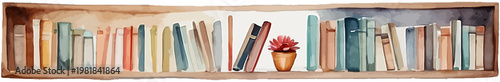 Watercolor Bookshelf Border with Vintage Books and Potted Plant Vector Illustration