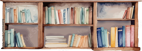 Watercolor Wide Wooden Bookshelf with Rows of Vintage Books Clipart
