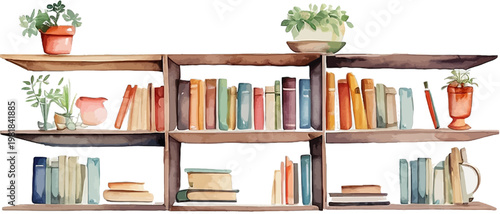 Watercolor Wide Wooden Bookshelf with Antique Books and Potted Plants Clipart
