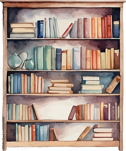 Watercolor Wooden Bookshelf with Vintage Books and Ceramic Vases Clipart
