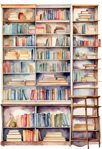 Watercolor Large Library Bookshelf with Library Ladder and Antique Books Clipart
