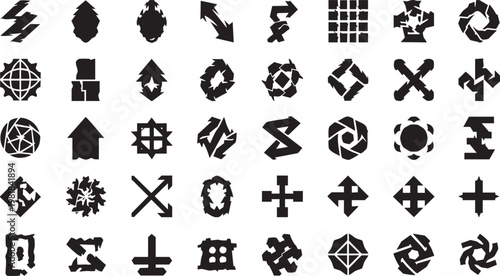Distorted brutalist geometric shapes and edgy Y2K silhouette icon set