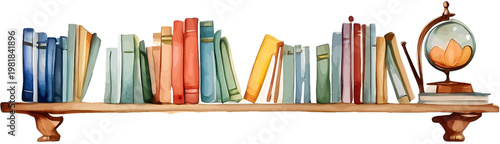 Watercolor Long Wooden Bookshelf with Row of Books and Globe Ornament Clipart
