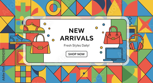 New Arrivals Graphic Banner with Fashion Accessories, Geometric Pattern