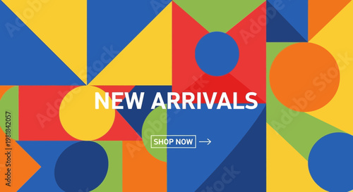 Colorful Geometric Pattern with "New Arrivals" Text and Shop Now Button