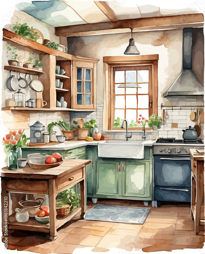 Watercolor Rustic Farmhouse Kitchen with Green Cabinets Island and Stove Clipart
