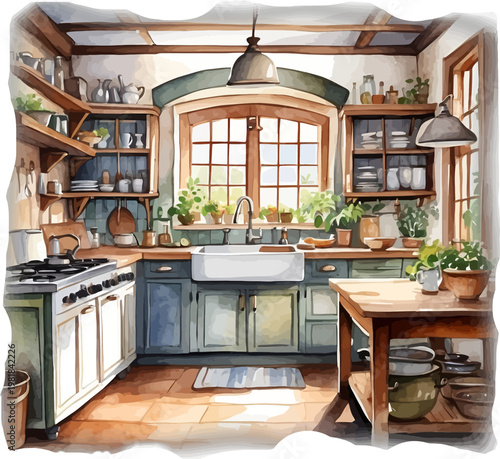 Watercolor Rustic Farmhouse Kitchen with Blue Cabinets Kitchen Island and Stove Clipart
