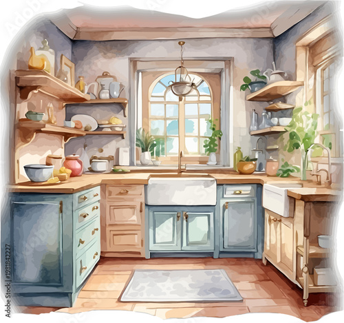 Watercolor Rustic Farmhouse Kitchen with Blue Cabinets Open Shelving and Large Window Clipart
