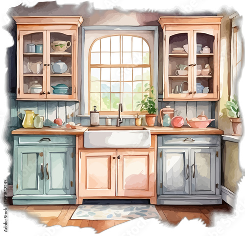 Watercolor Rustic Farmhouse Kitchen with Blue and Peach Cabinets and Window Clipart
