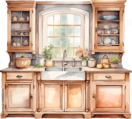 Watercolor Rustic Farmhouse Kitchen with Wooden Hutch Cabinets and Double Sink Clipart
