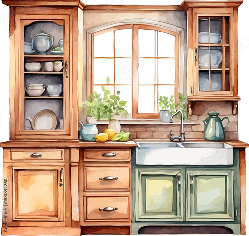 Watercolor Rustic Kitchen Cabinets with Farmhouse Sink and Arched Window Clipart
