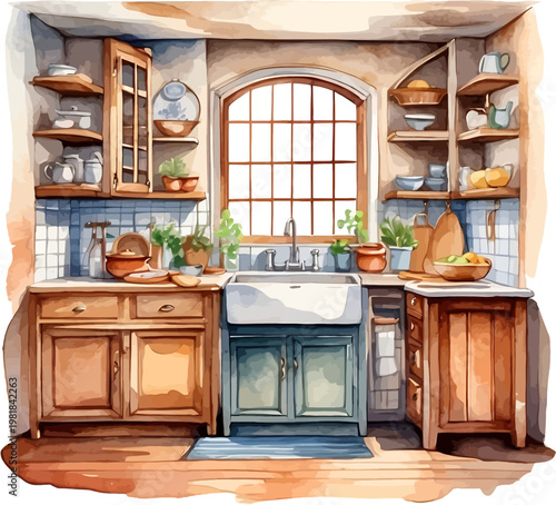 Watercolor Rustic Farmhouse Kitchen with Blue Cabinets Open Shelving and Window Clipart
