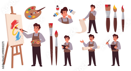 Set of 10 Cartoon Artist Character and Art Supplies Vector Illustrations