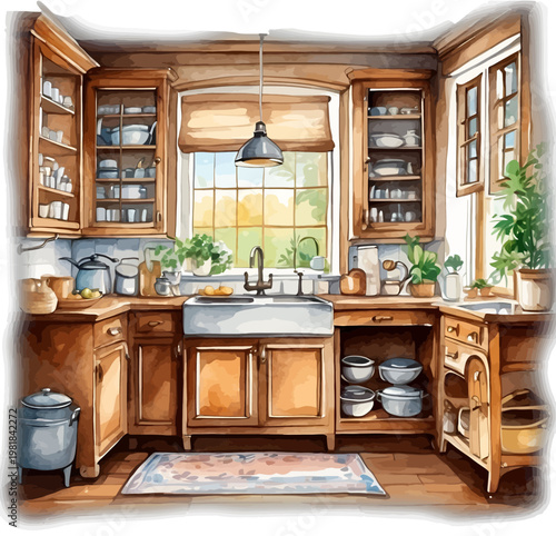 Watercolor Rustic Farmhouse Kitchen with Wooden Cabinets Sink and Warm Interior Clipart
