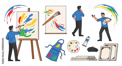 Set of 15 Artist Painting Tools and People Vector Illustration