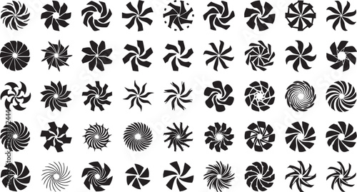 Abstract spiral sunburst and circular vortex silhouette icon set