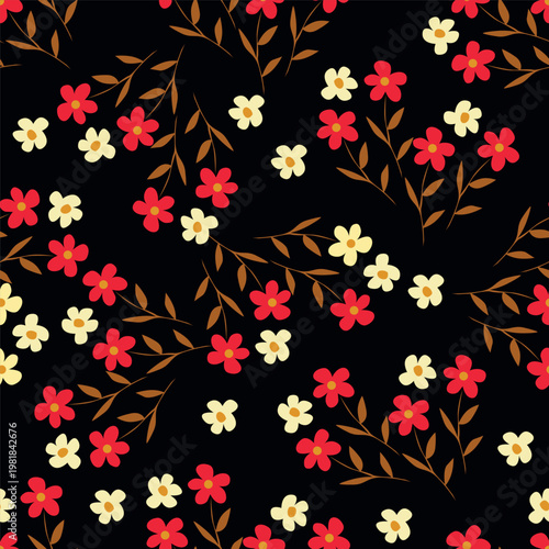 Seamless floral pattern, liberty ditsy print of mini plants in delicate pastel colors. Cute botanical design of tiny hand-drawn flowers and small leaves. Simple romantic pattern. Vector illustration.