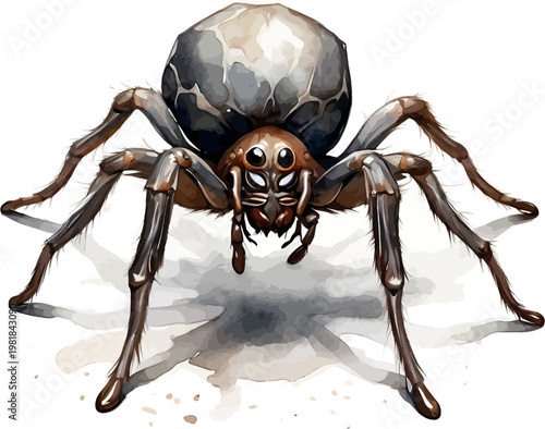 Watercolor Brown and Grey Fantasy Spider Illustration with Large Abdomen and Detailed Leg Texture Vector
