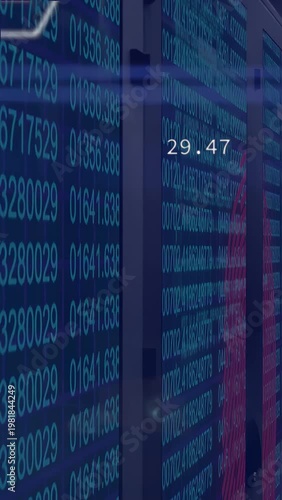 Vertical video: Camera panning data wall animating columns moving hexes and badges updating metrics