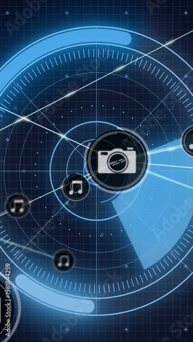 Vertical video: Rotating wedge sending music icons orbiting to center camera hub for tech use