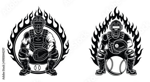Baseball catcher silhouettes with flame accents and ball in a black and white vector emblem design