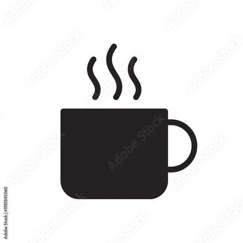 Hot Coffee Cup Icon Vector, Minimal Black Solid Icon, Beverage Symbol