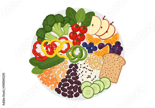 Healthy and balanced diet plate with a variety of fresh fruits, vegetables, grains, and protein sources