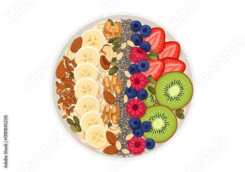Overhead view of a healthy breakfast bowl brimming with colorful fruits, nuts, and seeds, offering a nutritious and energizing start to the day