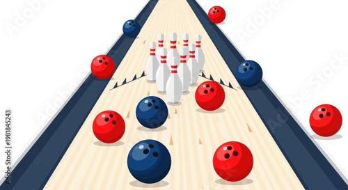Bowling alley with pins and balls, sport game, entertainment, leisure activity