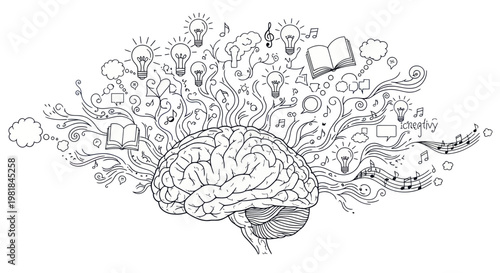 Brain with ideas, creativity, and inspiration flowing out