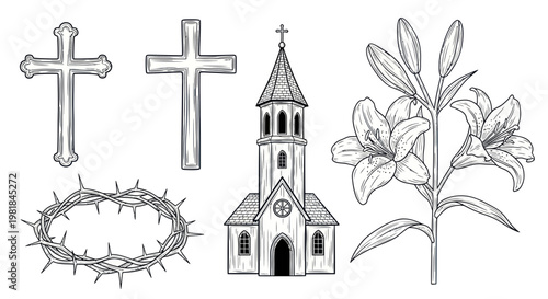 Christianity Symbols: Crosses, Church, Lily Flowers, Crown of Thorns