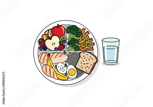 A balanced meal on a plate with a glass of water beside it, representing healthy eating and nutrition concepts