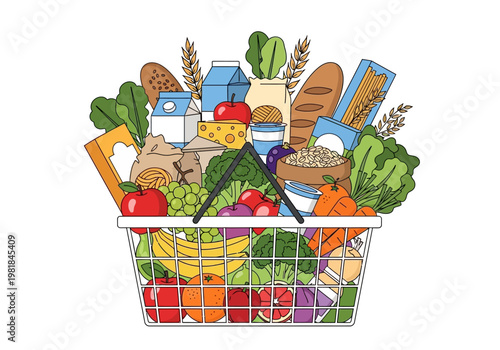 A full grocery basket brimming with fresh produce, dairy, and baked goods, representing healthy eating and shopping
