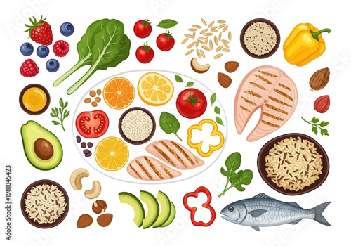 A vibrant overhead view showcases a healthy and balanced assortment of fresh foods, including grilled salmon, chicken, fruits, vegetables, nuts, and grains